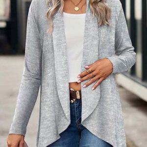 Shawl Collar Plain Casual Loose Kimono, Cardigans, color:Gray|size:XXL, JustFashionNow