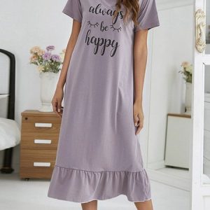 Women's ”Always Happy“ Pattern Round Neck Short Sleeve Nightdress Loungewear Clothing, Loungewear & Sleepwear, color:Purple|size:XL, JustFashionNow