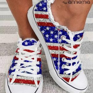 America Flag Printed Fringe Lace-Up Canvas Shoes, color:Red-Blue|size:43, Lilicloth.com