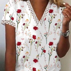 Boho V Neck Floral Short Sleeve T-Shirt, T-shirts, color:White|size:XS, catalog Noracora shop