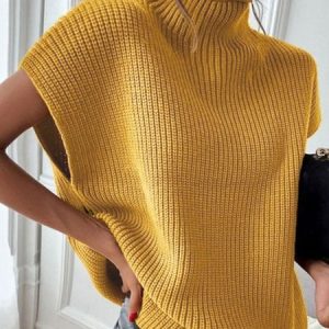 Daily Short sleeve Plain Turtleneck Simple Sweater, Sweaters, color:Yellow|size:XXL, Stylewe