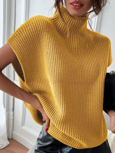Daily Short sleeve Plain Turtleneck Simple Sweater, Sweaters, color:Yellow|size:XXL, Stylewe