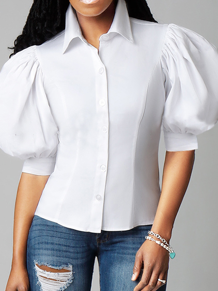 Lightweight Regular Fit Shirt Collar Short sleeve Plain Urban Blouse, Blouses and Shirts, color:White|size:XXL, Stylewe