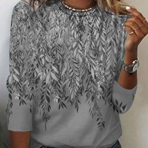 Casual Floral Crew Neck Long Sleeve T-shirt, T-shirts, color:Gray|size:XXL, Noracora