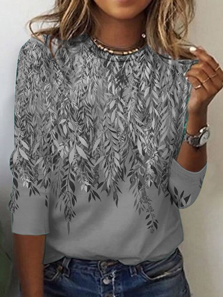 Floral Crew Neck Casual Loose T-Shirt, T-Shirts, color:Gray|size:XXL, JustFashionNow
