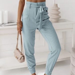 Casual Striped Long Elastic Band Pant, Pants, color:Light Blue|size:XXL, Noracora
