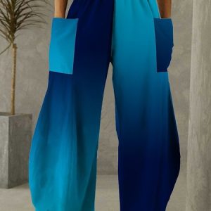 Women's Casual Gradient Pattern Stretch Wide-Leg Pants Straight Leg Trousers, Pants, color:Blue|size:XXL, JustFashionNow