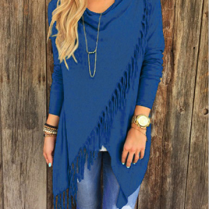 Knitted Long Sleeve Asymmetrical Fringed Sweater, Sweaters, color:Blue|size:3XL, JustFashionNow