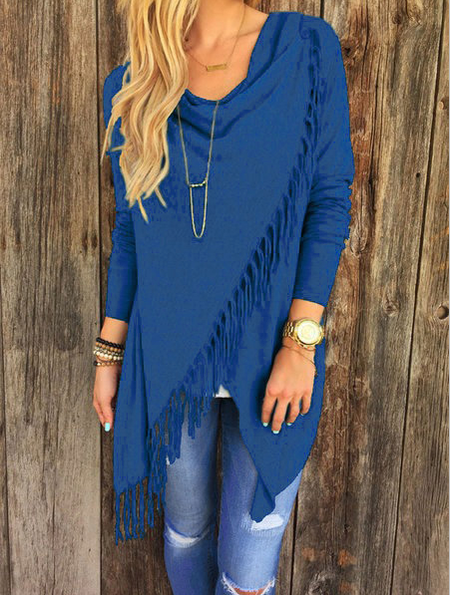 Knitted Long Sleeve Asymmetrical Fringed Sweater, Sweaters, color:Blue|size:3XL, JustFashionNow