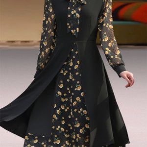 Women Small Floral Long Sleeve Comfy Casual Split Joint Midi Dress, Midi, color:Black|size:5XL, Noracora
