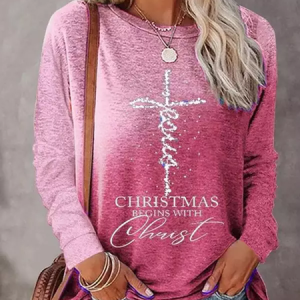 Casual Gradient Pattern Crew Neck Long Sleeve T-shirt, T-shirts, color:Pink|size:XXL, Noracora