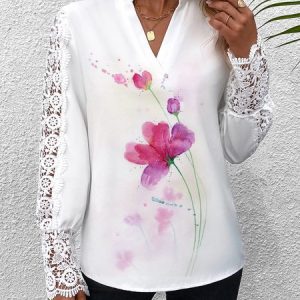 Casual Stand Collar Floral Lace Top, Tops, color:White|size:XXL, JustFashionNow