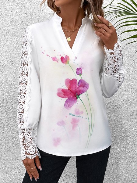 Casual Stand Collar Floral Lace Top, Tops, color:White|size:XXL, JustFashionNow