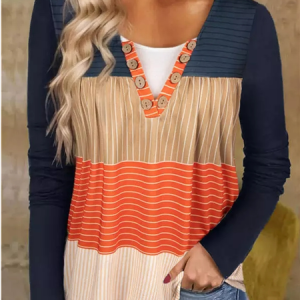 Color Block Casual Loose V Neck T-Shirt, T-Shirts, color:Dark Blue|size:XXL, JustFashionNow