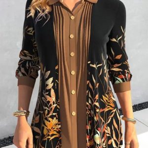 Floral Loose Buttoned Casual Shirt, Shirts & Blouses, color:Deep Khaki|size:XXL, JustFashionNow