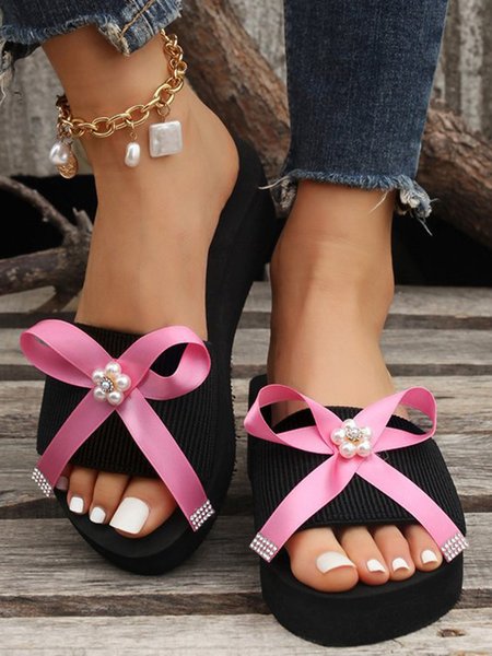Pearl Rhinestone Ribbon Ribbon High Elasticity Holiday Wedge Sandals, Sandals, color:Pink|size:42, JustFashionNow