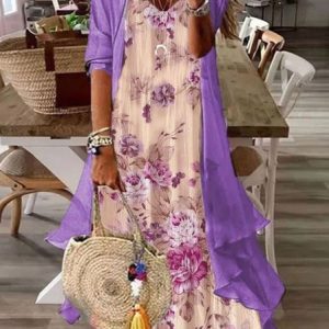 Women's Floral Pattern Two-Piece Set Daily Long Sleeve Casual Spring/Fall Coat With Tank Dress Matching Set, JustFashionNow Casual Dresses, color:Multicolor|size:XXL,