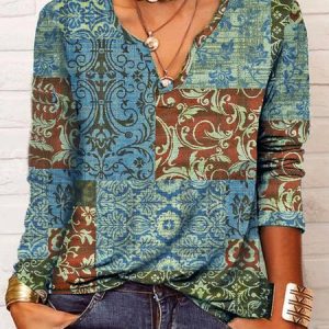 Casual Long Sleeve V neck Top, T-shirts, color:Blue|size:3XL, catalog Noracora shop