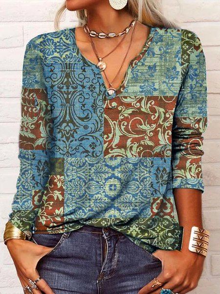 Casual Notched Top, T-Shirts, color:Blue|size:XS, JustFashionNow