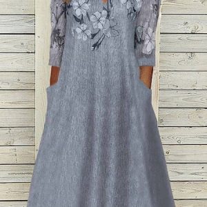 Plus Size Floral Notched Loose Casual Three Quarter Maxi Dress, Dresses, color:Gray|size:4X, JustFashionNow