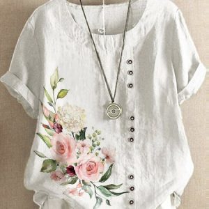 Loose Crew Neck Floral Boho Blouse, Shirts & Blouses, color:White|size:XXL, JustFashionNow