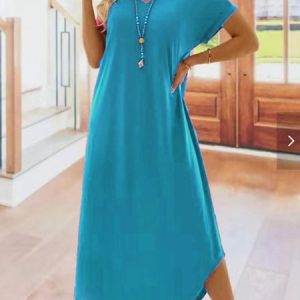 Casual Plain Loose V Neck Dress, Dresses, color:Lake Blue|size:XXL, JustFashionNow