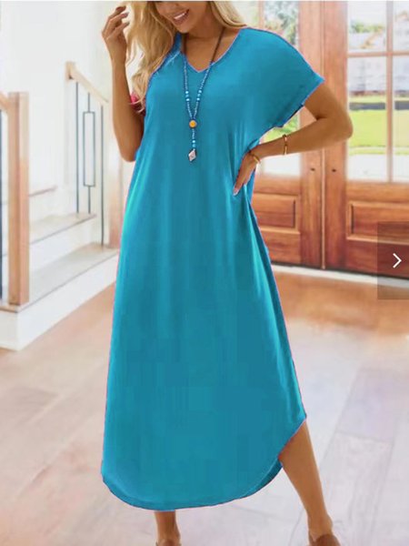 Casual Plain Loose V Neck Dress, Dresses, color:Lake Blue|size:XXL, JustFashionNow