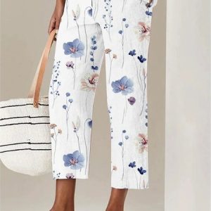Loose Casual Floral Pants, Pants, color:White|size:XXL, JustFashionNow