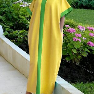Half sleeve Loose Casual Crew Neck Dress, Maxi Dresses, color:Yellow|size:XXL, Stylewe