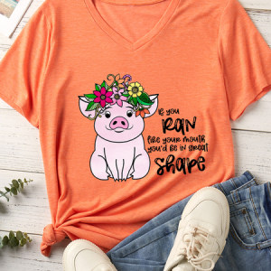 Women's Funny Pig If You Ran Like Your Mouth You’d Be In Great Shape V Neck T-Shirt, color:Orange|size:3XL, Lilicloth.com