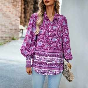 Shirt Collar Long Sleeve Floral Regular Loose Blouse For Women, Shirts, color:Purple|size:XL, Noracora