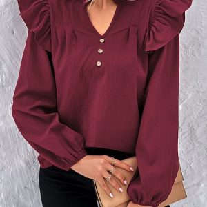 Women's Solid Color V Neck Button Ruffle Shoulder Blouse Long Sleeve T-Shirt Casual Clothing, Shirts & Blouses, color:Wine Red|size:XL, JustFashionNow