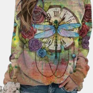 Dragonfly Floral Print Long Sleeve Crew Neck Sweatershirt Women, Hoodies & Sweatshirts, color:Multicolor|size:3XL, Noracora