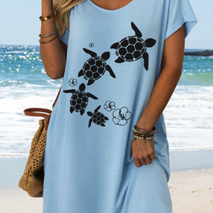 Women' Cute Sea Turtle V Neck Casual Loose Dress, color:Light Blue|size:3XL, Lilicloth.com