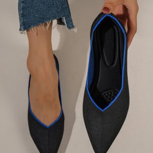 Casual Plain Breathable Slip On Flat Heel Shallow Shoes, Flats/Loafers, color:Black|size:44, Noracora