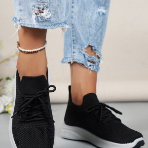 Solid Color Breathable Shock Absorbing Flyknit Sneakers, Sneakers, color:Black|size:42, JustFashionNow