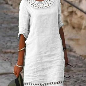 Plain Crew Neck Lace Vacation Linen Dress, Dresses, color:White|size:XXL, JustFashionNow
