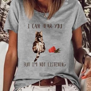 Women‘s Funny Cat Lover Letters Crew Neck Casual T-Shirt, color:Gray|size:3XL, Lilicloth.com