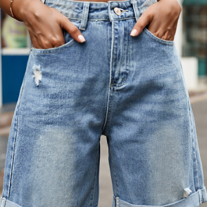 Women's  Ripped Rolled Edge Jean Shorts Casual High Waisted Long Denim Shorts, color:Blue|size:XXL, Lilicloth.com