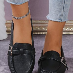 Urban Plain Non-Slip Slip On Flat Heel Loafers Buckle, Flats/Loafers, color:Black|size:42, Noracora