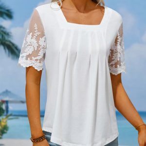 Square Neck Plain Lace Casual Shirt, Shirts & Blouses, color:Pink|size:XXL, JustFashionNow