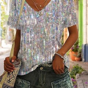 Abstract Casual V Neck Loose T-Shirt, T-shirts, color:Multicolor|size:XXL, Noracora