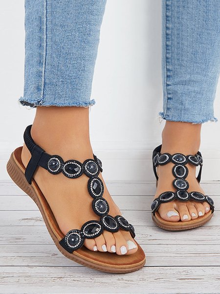 Boho Rhinestone T-bar Elastic Strap Sandals, Sandals, color:Black|size:42, JustFashionNow