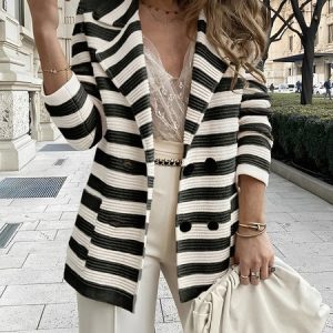 Striped Regular Fit Lapel Collar Urban Blazer, Blazers, color:Black-white|size:XXL, Stylewe