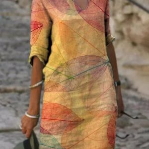 Yellow Casual V Neck Leaves Dress, Casual Dresses, color:Yellow|size:XXL, JustFashionNow