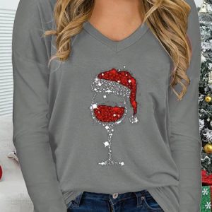 Merry Christmas Women Black Long Sleeve V Neck  Loose Casual T-shirt, T-Shirts, color:Gray|size:XXL, JustFashionNow
