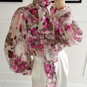 Floral Loose Elegant Long Sleeve Blouse, Blouses and Shirts, color:As Picture|size:XXL, Stylewe
