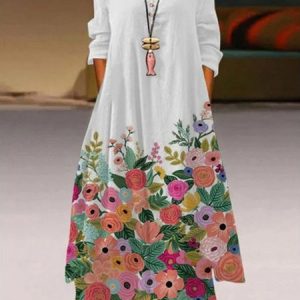 Floral Loose Casual Crew Neck Dress, Dresses, color:Gray|size:5XL, JustFashionNow