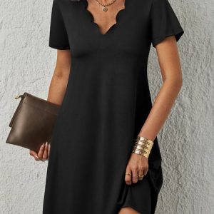 Casual Solid V neck Short Sleeve Knit Dress, Short, color:Black|size:XS, Noracora