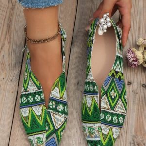 Canvas Ethnic Print Front V Design Slip On Shoes, Flats/Loafers, color:Green|size:43, Noracora